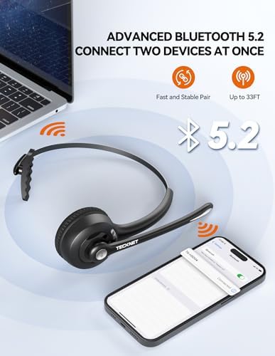 TECKNET Wireless Headset, Bluetooth Headphones with Noise Cancelling Microphone for Trucker, Hand Free Wireless Headset with Mute Mic for Cellphone/PC/Home/Office/Call Center (USB Dongle)