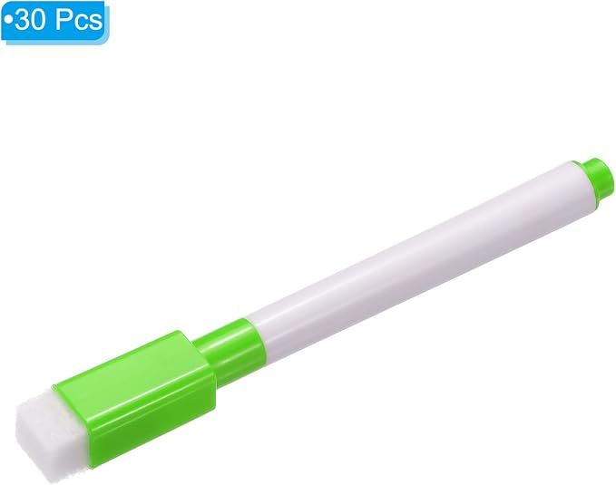 PATIKIL Dry Erase Marker Pens Green Ink Point with Eraser Cap 30Pcs | Marker Pens with Eraser Cap for Office Home Classroom, White Pen Rod