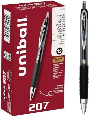 Uni-Ball® 207â„¢ Retractable Fraud Prevention Gel Pens, Micro Point, 0.5 mm, Black Barrels, Black Ink, (Pack of 12)