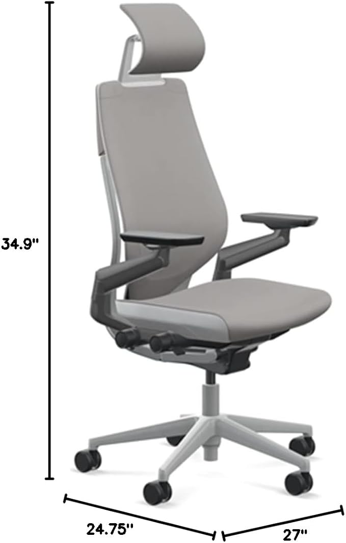 Steelcase Gesture Office Desk Chair with Headrest in Elmosoft Genuine Dove Grey L115 Leather Plus Lumbar Support Low Platinum Metallic Frame with Seagull Seat/Back Merle Arms (Light/Light)