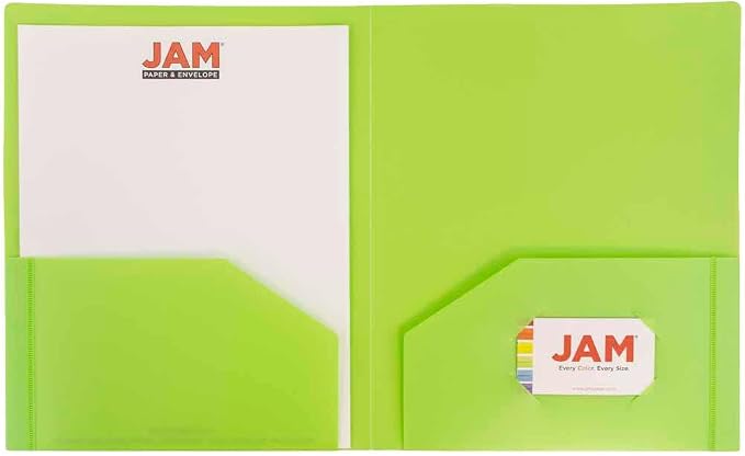 JAM PAPER Heavy Duty Plastic 2 Pocket Extra Tough School Folders - Lime Green - 3/Pack
