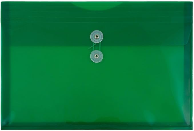 JAM PAPER Plastic Envelopes with Button & String Tie Closure - Legal Booklet - 9 3/4 x 14 1/2 - Green - 3/Pack