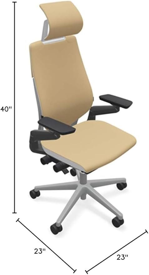 Steelcase Gesture Office Desk Chair with Headrest in Elmosoft Genuine Chamois L144 Leather Plus Lumbar Support High Platinum Metallic Frame with Seagull Seat/Back Merle Arms (Light/Light)