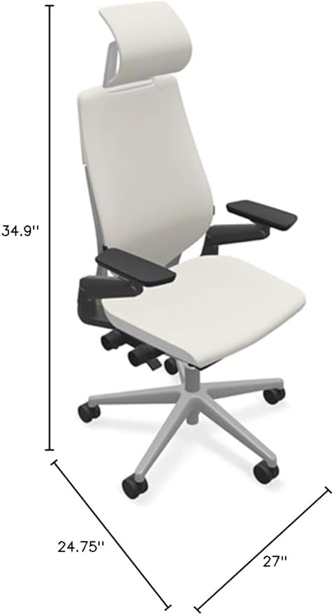 Steelcase Gesture Office Desk Chair with Headrest in Elmosoft Genuine White L151 Leather Plus Lumbar Support Platinum Metallic Frame with Seagull Seat/Back Merle Arms (Light/Light)