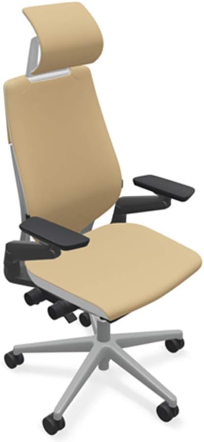 Steelcase Gesture Office Desk Chair with Headrest in Elmosoft Genuine Chamois L144 Leather Plus Lumbar Support High Platinum Metallic Frame with Seagull Seat/Back Merle Arms (Light/Light)