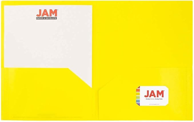 JAM PAPER Plastic 2 Pocket POP Folders - Durable School Folders - Yellow - 6/Pack