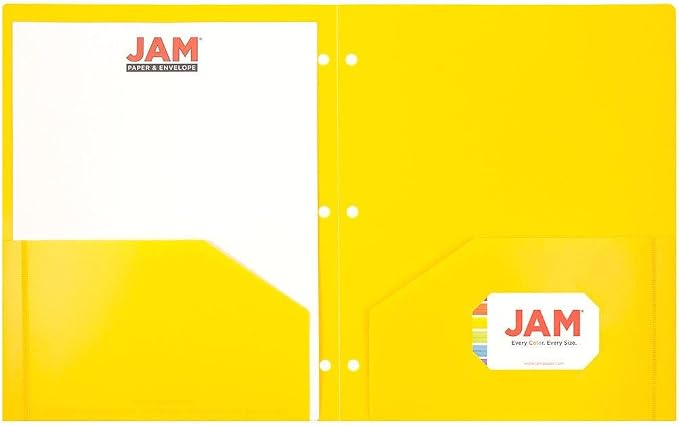 JAM PAPER Heavy Duty Plastic 3 Hole Punch Pocket Folders - Extra Tough School Folders - Yellow - 12/Pack