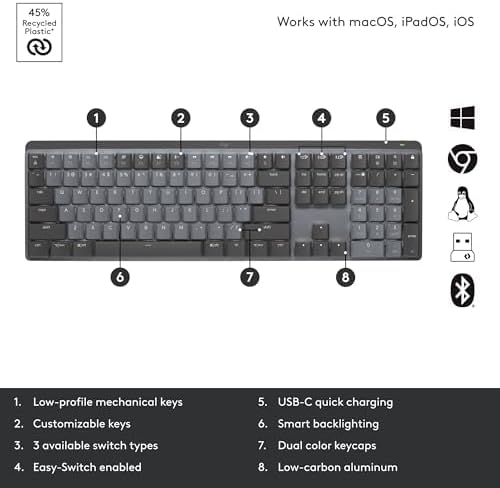 Logitech MX Mechanical Mini Wireless Illuminated Keyboard, Clicky Switches, Backlit, Bluetooth, USB-C, macOS, Windows, Linux, iOS, Android, Metal