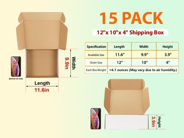 HORLIMER 12x10x4 inches Shipping Boxes Set of 15, White Corrugated Cardboard Box for Mailing, Packaging, Small Business