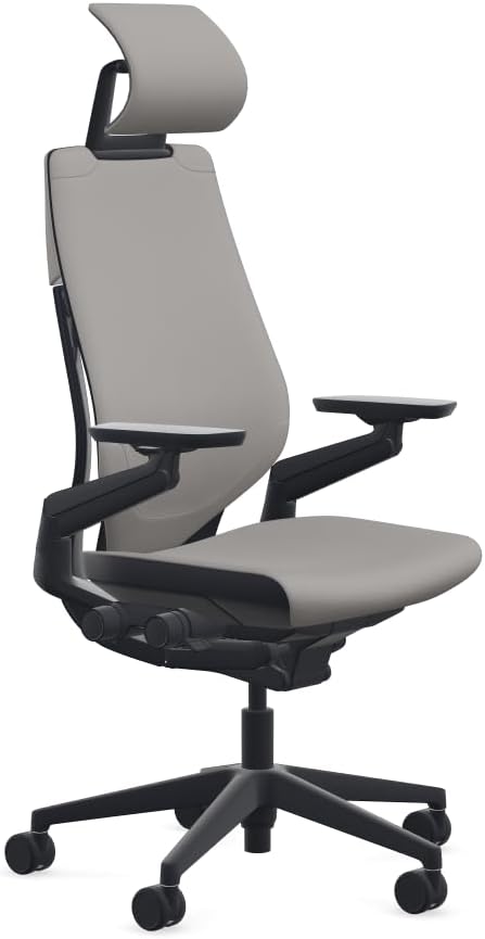 Steelcase Gesture Office Desk Chair with Headrest in Elmosoft Genuine Dove Grey L115 Leather Plus Lumbar Support High Black Frame