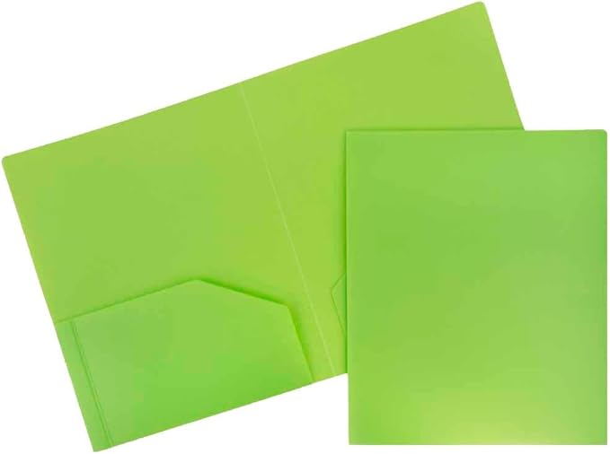 JAM PAPER Heavy Duty Plastic 2 Pocket Extra Tough School Folders - Lime Green - Bulk 48/Pack