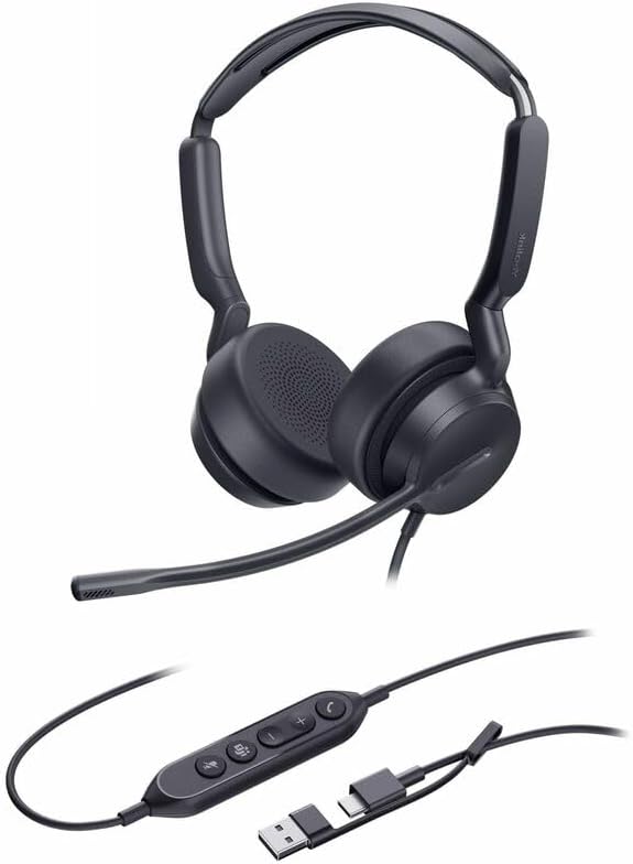 Yealink UH42 USB-C/A Headset with Noise Cancelling Mic, Wired Headphones for PC Computer Laptop, Compatible with Zoom Teams, Comfort Ear Cushions, Stereo Sound, in line Controls