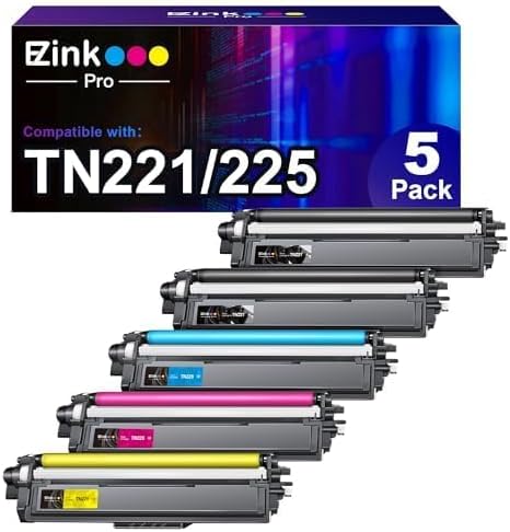 E-Z Ink Pro Compatible Brother TN221 TN225 Toner Cartridges for TN221 TN225 | to Use with HL-3170CDW MFC-9130CW MFC-9330CDW HL-3180CDW HL-3140CW Printer (2 Black, 1 Cyan, 1 Magenta, 1 Yellow, 5 Pack)
