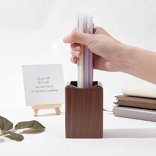 Wooden Pen Holder for Desk, 2 Pack Natural Wood Pencil Cup Holder – Office Desk Accessories Organizer, Makeup Brush Holder, Kids Crayon Marker Caddy, Eco-Friendly (2 Pack Walnut Color)