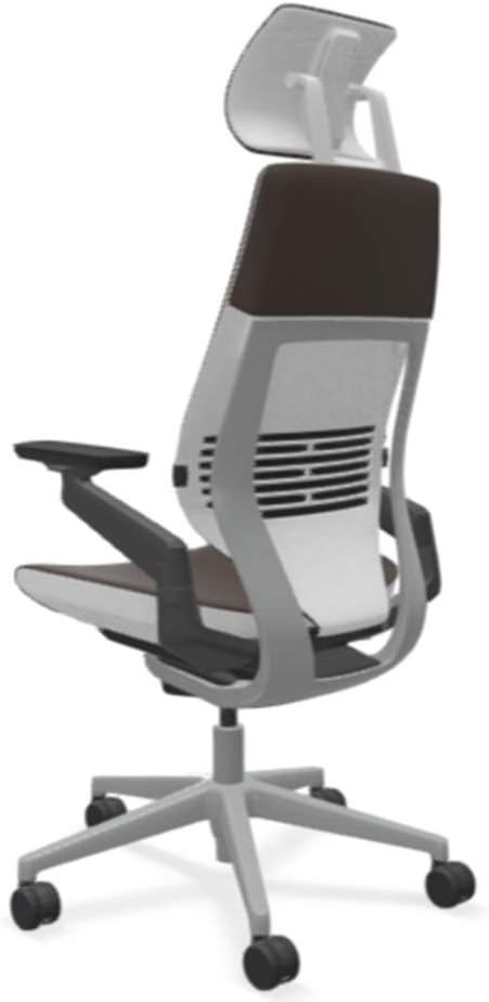 Steelcase Gesture Office Desk Chair with Headrest in Elmosoft Genuine Espresso L133 Leather Plus Lumbar Support High Platinum Metallic Frame with Seagull Seat/Back Merle Arms (Light/Light)