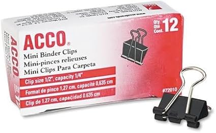 ACCO Mini Binder Clips, Steel Wire, 1/4" Cap., 1/2"W, Black/Silver, 12/Pack, Case of 10 Packs
