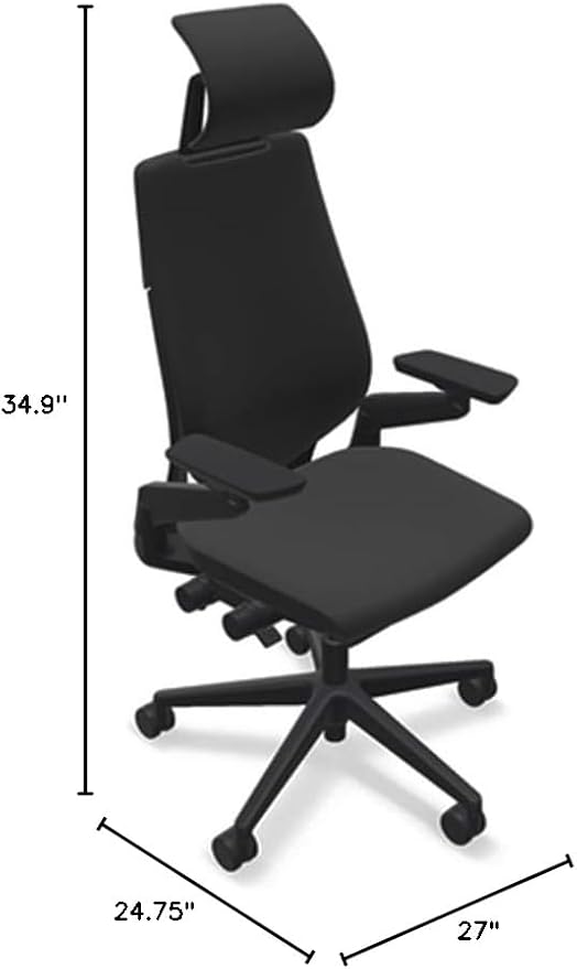 Steelcase Gesture Office Desk Chair with Headrest in Elmosoft Genuine Ebony L112 Leather Plus Lumbar Support Low Black Frame