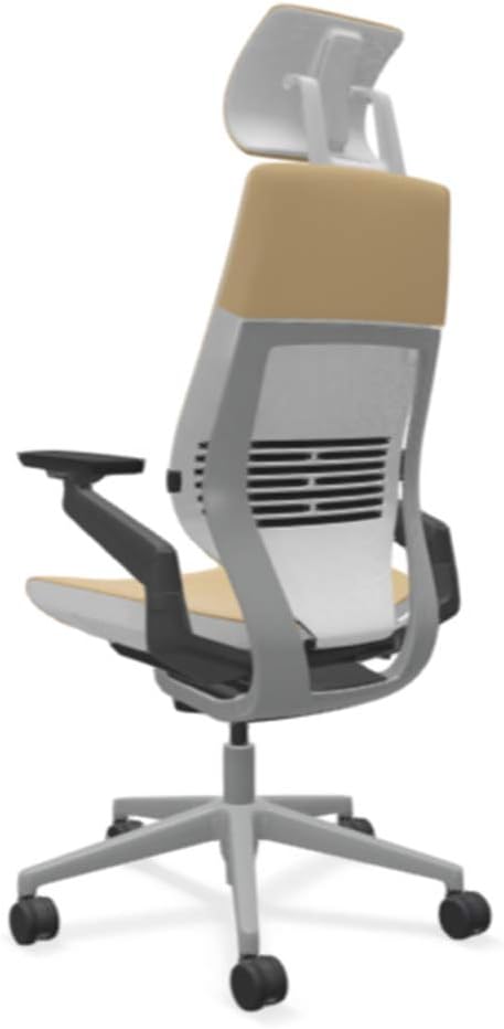 Steelcase Gesture Office Desk Chair with Headrest in Elmosoft Genuine Chamois L144 Leather Plus Lumbar Support High Platinum Metallic Frame with Seagull Seat/Back Merle Arms (Light/Light)