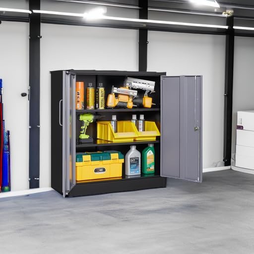Metal Storage Cabinet with Doors and Shelves,Garage Storage Cabinet with Lock,Black Grey Metal Cabinets with Locking Doors,Steel Cupboard for Home,Office,Garage Cabinets 36" H