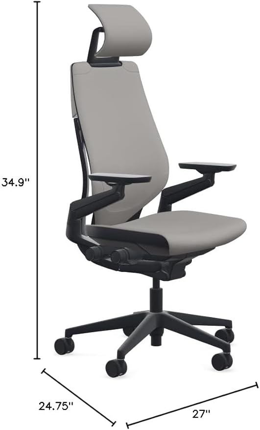 Steelcase Gesture Office Desk Chair with Headrest in Elmosoft Genuine Dove Grey L115 Leather Plus Lumbar Support Black Frame