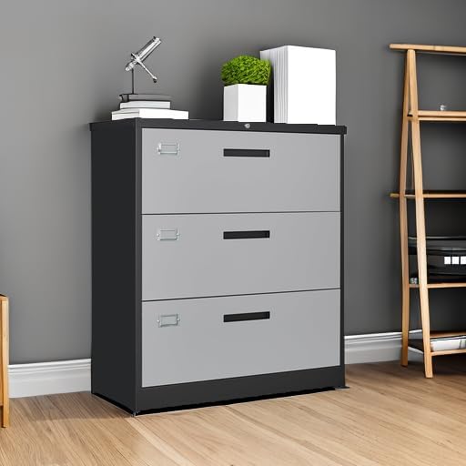 File Cabinet with Lock-Lateral 3 Drawer Metal Filing Cabinets-Organization Storage for Home Office-Hanging Letter/Legal/F4/A4 Size (Grey Black)