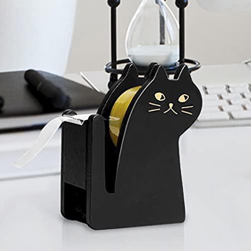 Cute Cat Tape Dispenser,Vintage Wooden Kitty Tape Cutter with 1 Roll Tape for Home Office Desktop Accessory (Black)