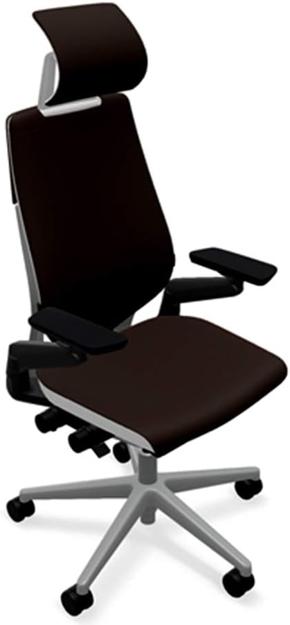 Steelcase Gesture Office Desk Chair with Headrest in Elmosoft Genuine Ebony L112 Leather Plus Lumbar Support High Platinum Metallic Frame with Seagull Seat/Back Merle Arms (Light/Light)