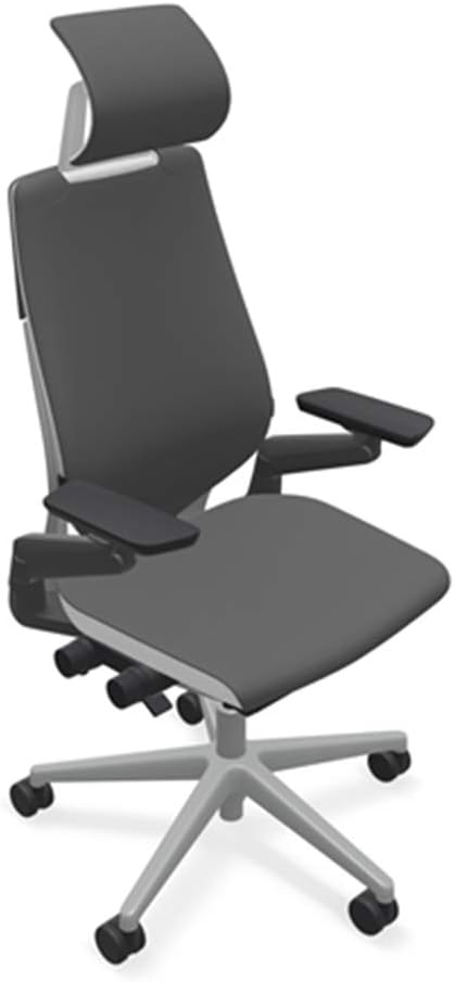 Steelcase Gesture Office Desk Chair with Headrest in Elmosoft Genuine Gunmetal L113 Leather Plus Lumbar Support Platinum Metallic Frame with Seagull Seat/Back Merle Arms (Light/Light)