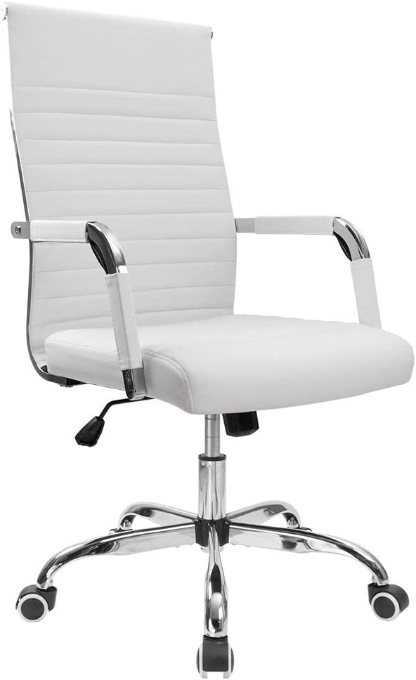 Furmax Ergonomic Office Desk Chair, Executive Ribbed Mid-Back PU Leather Conference Room Chair Adjustable Swivel Chair with Arms (1, White)