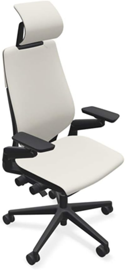 Steelcase Gesture Office Desk Chair with Headrest in Elmosoft Genuine White L151 Leather Plus Lumbar Support Low Black Frame
