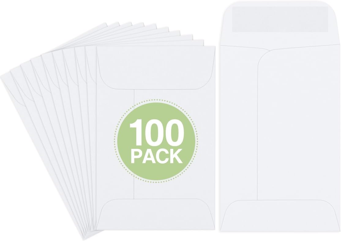 #1 Coin Envelopes Eupako 100 PCS 2.25x 3.5" White Small Parts Envelope with Gummed Flap Kraft Seed Envelopes for Garden, Home and Office