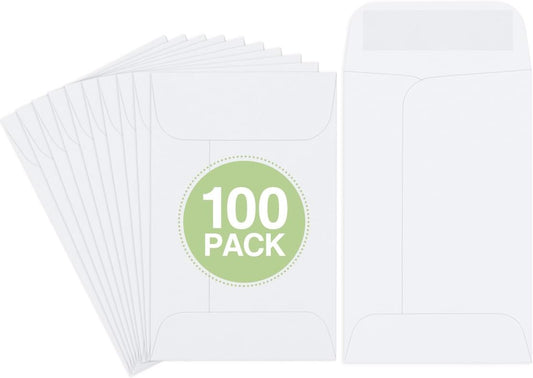 #1 Coin Envelopes Eupako 100 PCS 2.25x 3.5" White Small Parts Envelope with Gummed Flap Kraft Seed Envelopes for Garden, Home and Office