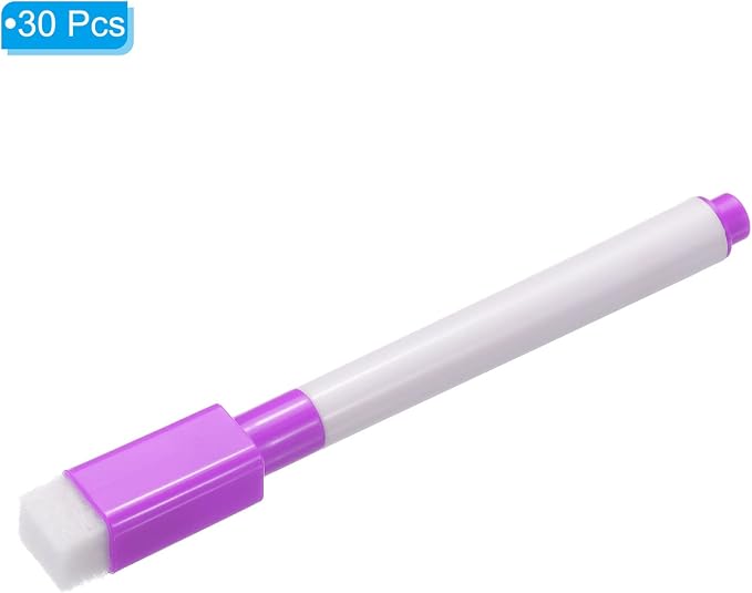 PATIKIL Dry Erase Marker Pens Purple Ink Point with Eraser Cap 30Pcs | Marker Pens with Eraser Cap for Office Home Classroom, White Pen Rod