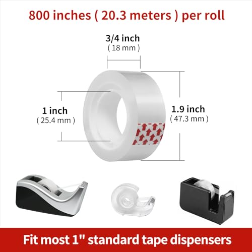 72 Rolls Transparent Tape Refills, Clear Tape, 3/4 x 800 Inches, Glossy Gift Wrapping Tapes for Dispenser, Office, School, Home (Pack of 3)