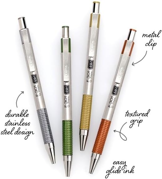 Zebra Pen F-301 Signature Series Ballpoint Pen, Black, 0.7mm, 4-Pk (27214) | Stainless Steel Barrel, Easy-Glide Ink, Pewter Earth-Tone Barrel Accents, Fine Point Tip, Ideal for Planners & Note-Taking