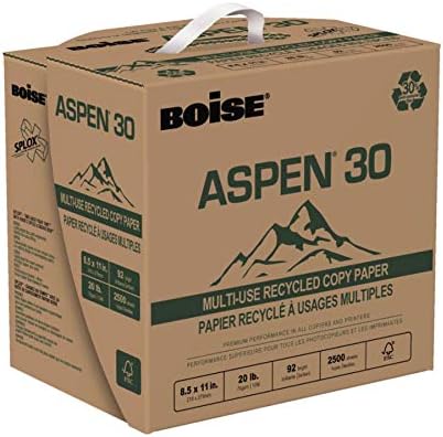 BOISE ASPEN 30% Recycled Multi-Use Copy Paper, 8.5" x 11" Letter, SPLOX Speed Loading Reamless Easy Carry Box, 92 Bright White, 20 lb. (2,500 Sheets)