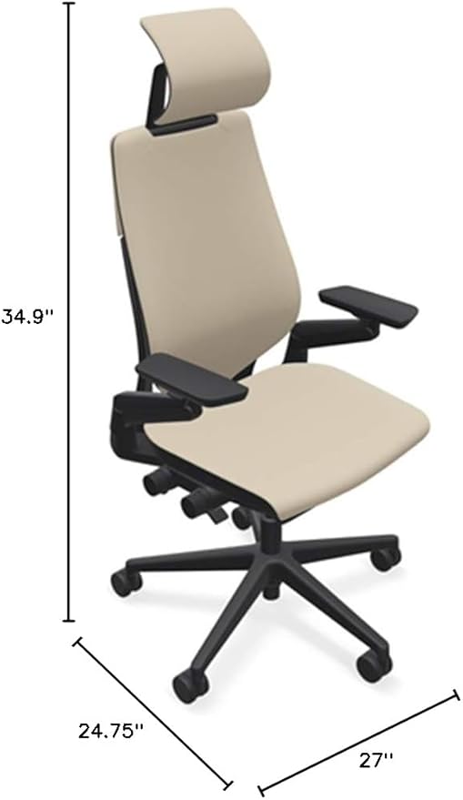 Steelcase Gesture Office Desk Chair with Headrest in Elmosoft Genuine Mica L114 Leather Plus Lumbar Support Black Frame