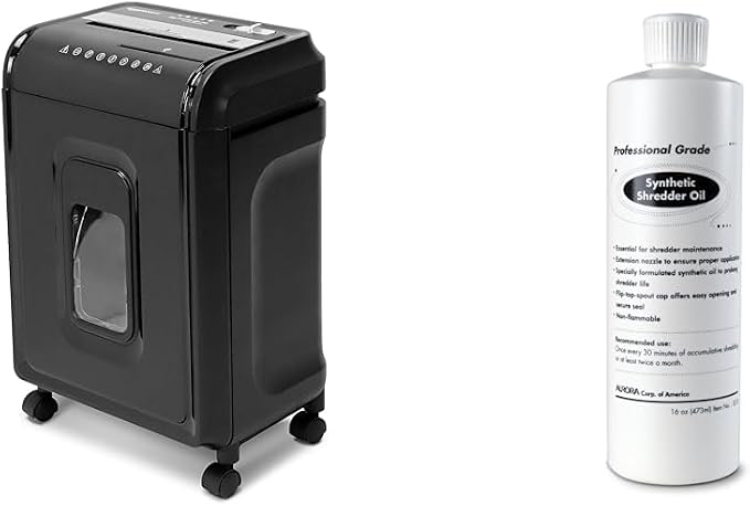 Aurora AU1260XA Anti-Jam 12-Sheet Crosscut Paper and CD/Credit Card Shredder & SL16 Professional Grade Synthetic Shredder Oil, 16 Oz Flip-Top Leak Proof Bottle