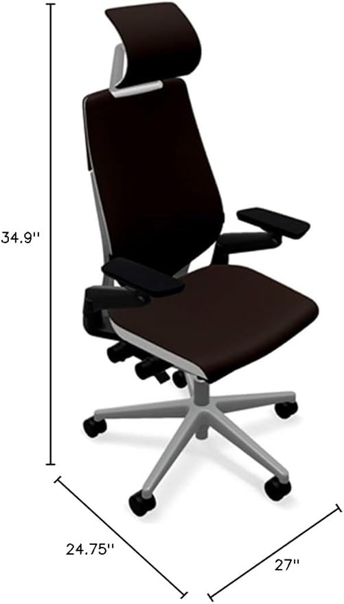 Steelcase Gesture Office Desk Chair with Headrest in Elmosoft Genuine Ebony L112 Leather Plus Lumbar Support High Platinum Metallic Frame with Seagull Seat/Back Merle Arms (Light/Light)