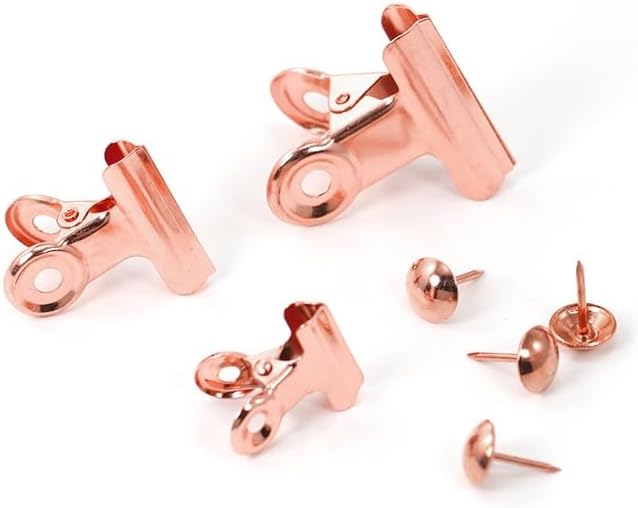 YUCHIYA 32 Pack Bulldog Clips with Push-pins for Corkboard,Metal Clips for Crafts, Metal Binder Clips for Pictures, Spring Paper Clamps for Office Documents (Rose Gold,0.85inch)