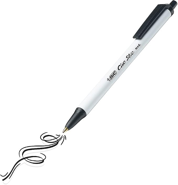 BIC Clic Stic Black Retractable Ballpoint Pens, Medium Point, 24-Count | 1.0 Mm Tip Size | Break-Resistant Clip | Comfortable Round Barrel | Reliable for Office or Home Use