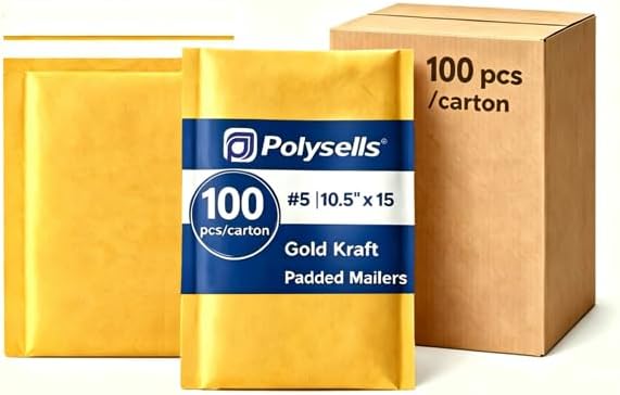 POLYSELLS #5 10.5x15 Kraft Bubble Mailers 100 Pack, Bulk Large Padded Envelopes for Clothing & Multi Item Shipping