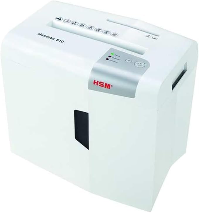 HSM shredstar S10, 10-Sheet Strip-Cut Paper/CD/Card Shredder, P-2 Security Level, 4.8 Gallon, White | HSM1042W