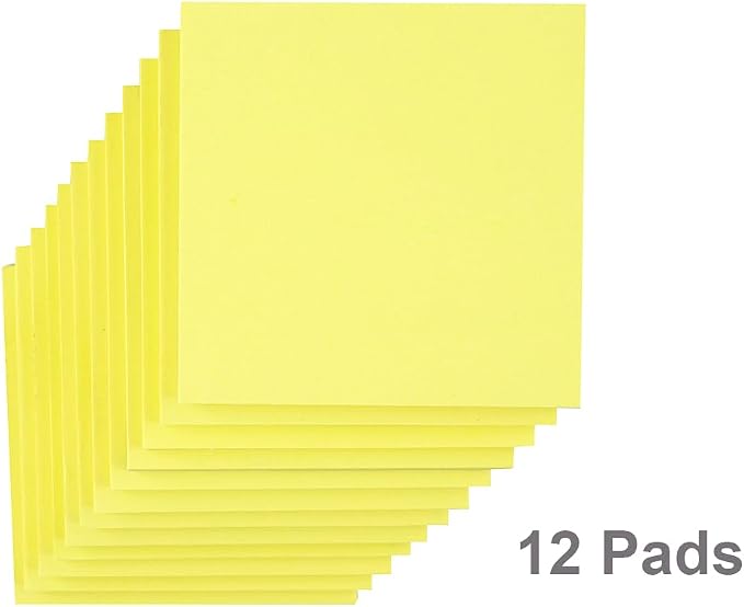 (12 Pads) Sticky Notes 3x3 in Yellow, Strong Adhesive, Clean Removal, Recyclable, Self-Stick Pads, Easy to Post for Home, Office, Notebook