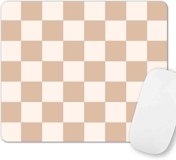 Brown Checkered Mouse Pad Small, Khaki Beige Cute Girly Aesthetic Design Mousepad, Retro Women Girls Square Computer Pad for Game, Laptop, Office Work Home, Non-Slip Rubber Mouse Mat, 9.5x7.9 inch