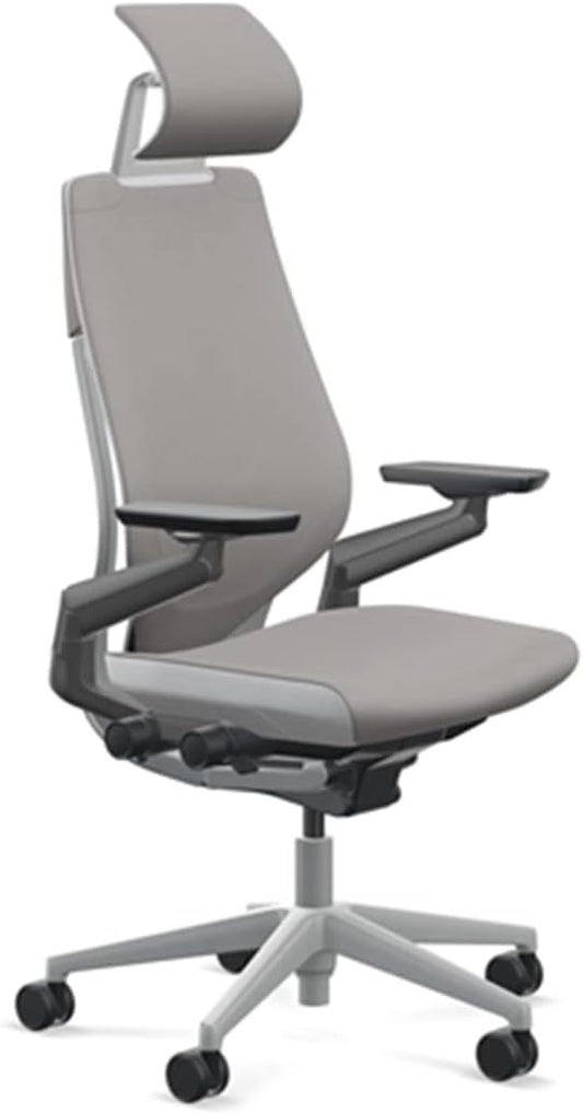 Steelcase Gesture Office Desk Chair with Headrest in Elmosoft Genuine Dove Grey L115 Leather Plus Lumbar Support Low Platinum Metallic Frame with Seagull Seat/Back Merle Arms (Light/Light)