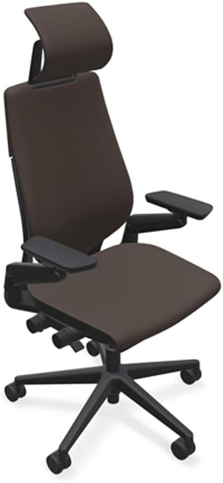 Steelcase Gesture Office Desk Chair with Headrest in Elmosoft Genuine Espresso L133 Leather Plus Lumbar Support Low Black Frame
