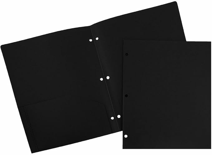 JAM PAPER Heavy Duty Plastic 3 Hole Punch Pocket Folders - Extra Tough School Folders - Black - 24/Pack