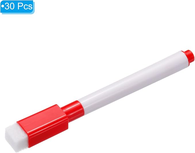 PATIKIL Dry Erase Marker Pens Red Ink Point with Eraser Cap 30Pcs | Marker Pens with Eraser Cap for Office Home Classroom, White Pen Rod