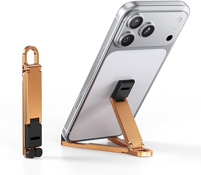 Portable Phone Stand, Foldable EDC Keychain Phone Holder with Snap Hook, Mini Aluminum Travel Cell Phone Stand for iPhone and Smartphones Under 8 Inches(Orange)